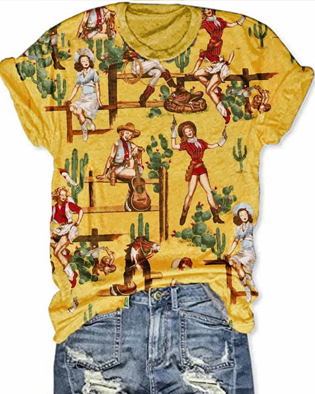Western Vintage Print Print Short Sleeve T-Shirt